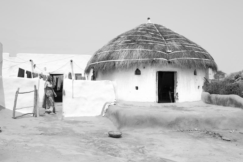 A view of the village settlement showing a traditional house made of mud-plastered walls and thatched roof which helps beat the heat of the desert - village Binjharwali, Bikaner district, Rajasthan